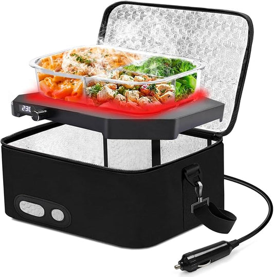 Aotto Portable Oven Electric Lunch Box Food Heater - 12V/24V 2-in-1 Car Food Warmer, Temperature Control with LED Display, Cook, Reheat & Keep Meals Warm for Car, Truck, Travel - Black