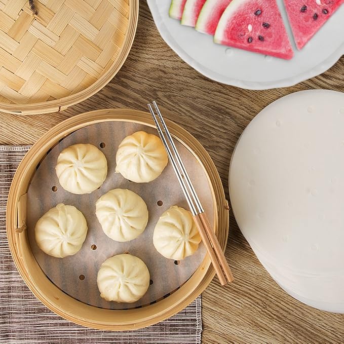 100pcs Air Fryer Liners, Vancens 9 inch Bamboo Steamer Liners, Premium Perforated Parchment Paper Sheets, Non-stick Basket Mat, Perfect for 5.3 & 5.8 QT Air Fryers/Steaming/Baking/Cooking