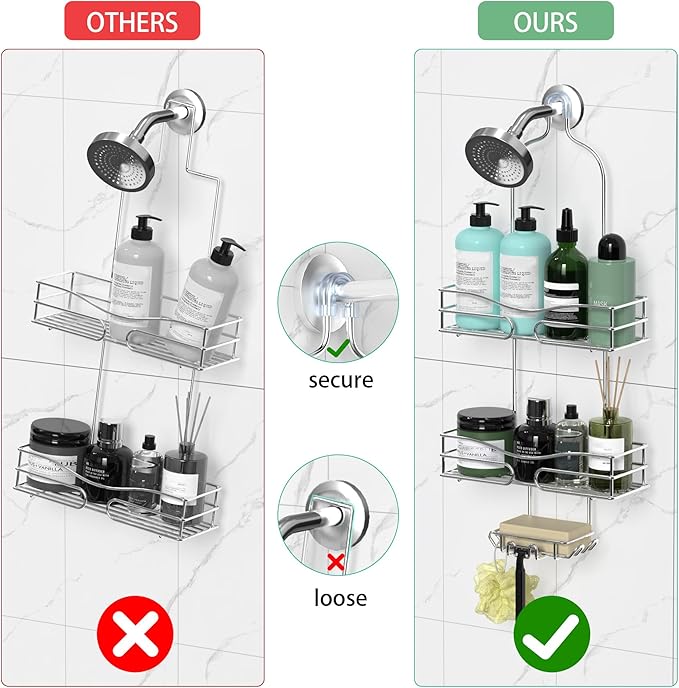 Shower Caddy - Organizer with 6 Hooks, Soap Basket & Self-Adhesive Pad, Silver