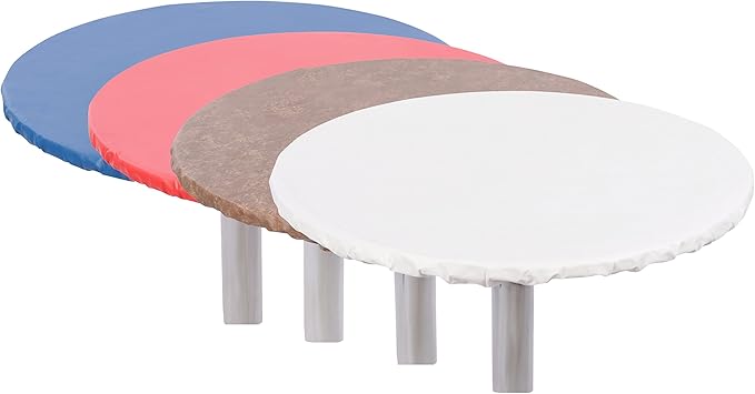 Yourtablecloth Heavy Duty Vinyl Round Fitted Tablecloth (Table Cover) with Flannel Backing Vibrant Colors Elasticized Tablecloth Great for Indoor and Outdoor Dining and Playing Cards 54” White
