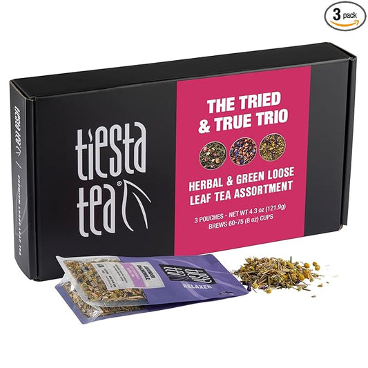 Tiesta Tea - Tiesta's Top Loose Leaf Tea Gift Box, Loose Leaf, Medium Caffeinated Variety Pack, Make Hot & Iced Brews, 3 Pouches of Assorted Blends with Green, Herbal, Fruity & Lavender Bags