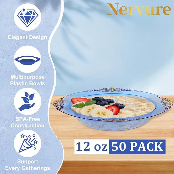 Nervure 50PCS Blue Plastic Bowls with Gold Rim - 12oz Disposable Soup Bowls, Heavy Duty Salad Dessert Bowl Perfect For Weddings, Father's Day and Everyday Use