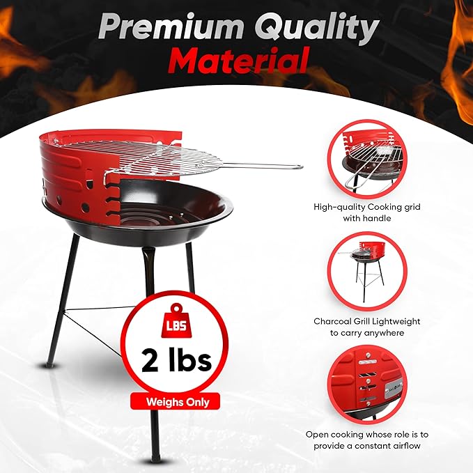 Gas One 16-inch Portable Barbecue Grill with 4 Levels for Flame Control – Dual Venting System – Small Charcoal Grill for Backyard, Camping, Boat