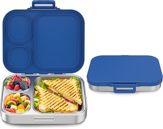 Stainless Steel Bento Box Kids, Leak Proof Metal Bento Lunch Box,3 Compartments 304 Stainless Steel Bento Lunch Containers for School and Office, BPA-Free(Blue)