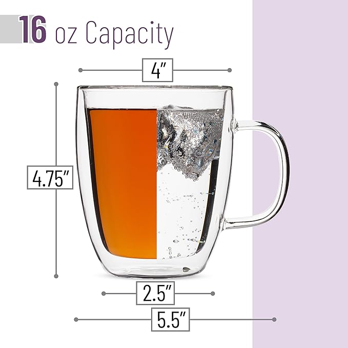 BTaT Double Wall Glass Coffee Mugs, 16 oz, Set of 6, Insulated Latte Mugs, Clear