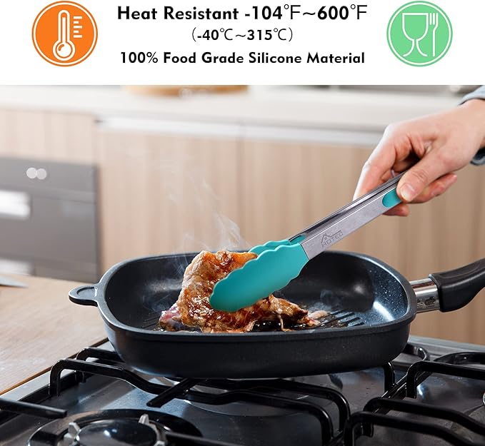 HOTEC Premium Stainless Steel Locking Kitchen Tongs with Silicon Tips, Set of 2-9" and 12", Blue