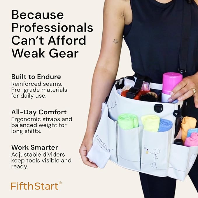 FifthStart Multiuse Cleaning Caddy with Waist & Shoulder Strap - Diaper Caddy & Beach Bag - 9 Pockets & Mesh Base - Adjustable Compartments (Beige, Small) - Cleaning Supplies Organizer