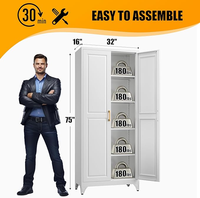 Kitchen Pantry Storage Cabinets, 75" Tall Metal Storage Cabinet with Doors and 4 Shelves, White Pantry Cabinet, Utility Kitchen Cupboard, Large Steel Cabinets for Dining, Office, Living Room