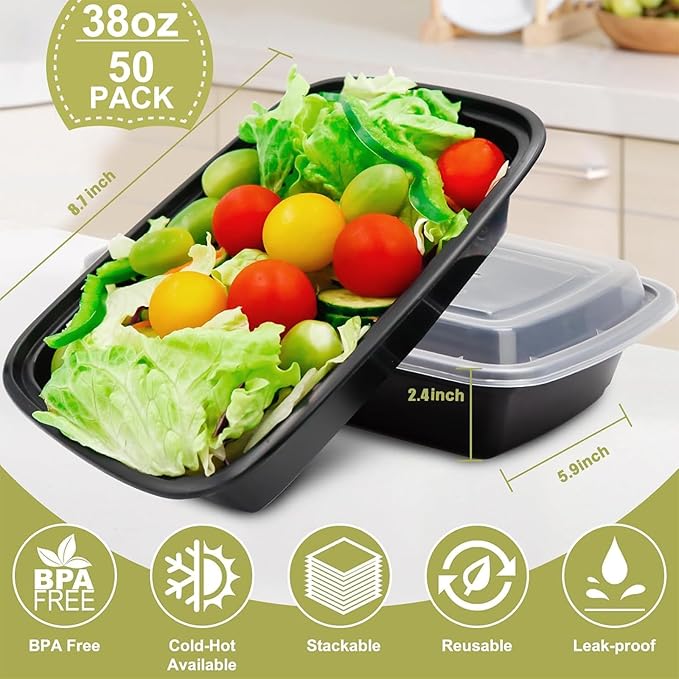 Meal Prep Containers 38oz 50 Pack Plastic To Go Food Containers, Disposable To Go Containers with Lids BPA Free, Microwave/Dishwasher/Freezer Safe