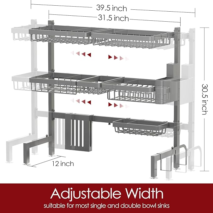Over The Sink Dish Drying Rack - Adjustable 3 Tier XX-Large Capacity Stainless Steel Drainer with Cutlery & Utensil Holders, Kitchen Storage & Organization, 31.5"-39.5"L x 12"W x 30.5"H, Gray