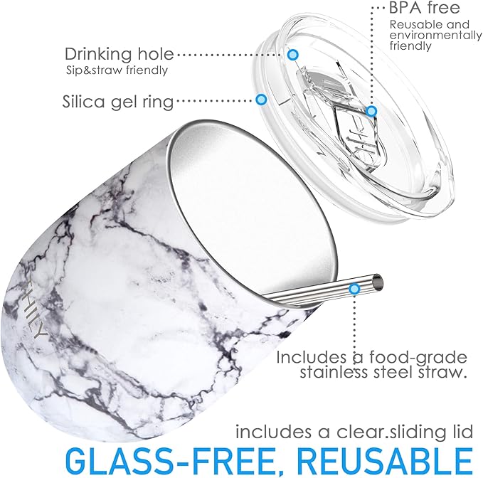 THILY Stainless Steel Stemless Wine Tumbler 12 oz Triple-Insulated Stemless Glass with Lid and Straw, Durable Reusable Travel Coffee Cup, Keep Hot or Cold for Wine, Coffee, Beer, Juice, White Marble