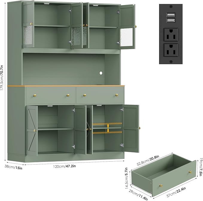 FINETONES 71" Pantry Cabinet with LED Light and Charging Station, Farmhouse Kitchen Pantry Cabinet with Microwave Stand, 47.2" Wide Kitchen Hutch Food Pantry with Open Countertop, Green