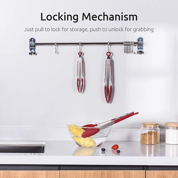 U-Taste Kitchen Tongs, 7/9/12 inches Cooking Tongs, with 600ºF High Heat-Resistant Non-Stick Silicone Tips, 18/8 Stainless Steel Handle, for Food Grill, Salad, BBQ, Frying, Serving, Pack of 3(Red)