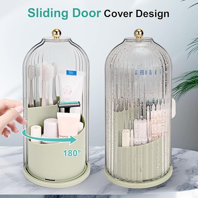 Toothbrush Holders with Sliding Lid, Rotating 3 Slots Bathroom Organizer Countertop, Tooth Brush Toothpaste Holder Bathroom Counter Stand Sink Organizer Caddy for Makeup Brushes Holder (Green)