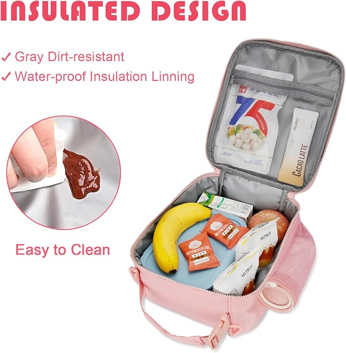 Initial Insulated Lunch Bag for Girls Kids, Back to School Gift, Reusable Leak-proof Lunch Box with Adjustable Strap for School Daycare Travel Picnic (Pink,B)