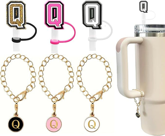 （3 +3) 3PCS Nuozme Straw Cover 10mm For Stanley Tumbler Cup Reusable Straw Cap Topper with 3 Initial Letter Charms Accessories Name ID Personalized Handle Charm For Stanley 30&40 Oz Cup Tumbler