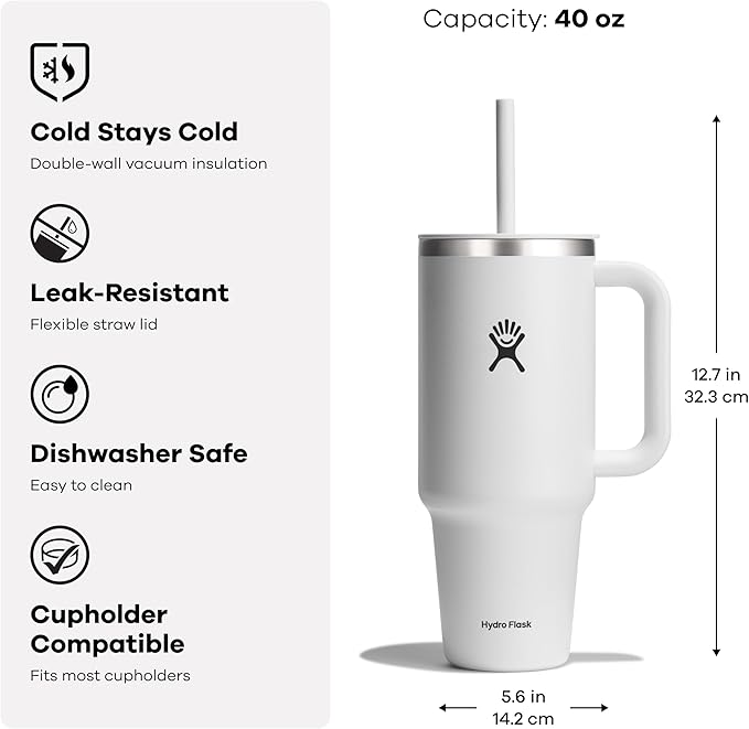 Hydro Flask Travel Tumbler with Handle, Lid and Straw - Insulated Stainless Steel in 40 Oz Cascade