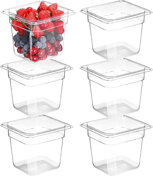 6 Pack 6'' Deep NSF Food Pans 1/6 Size | Commercial Food Storage Containers | Polycarbonate Plastic Pans for Restaurant | Commercial Grade for Food Prep | Clear