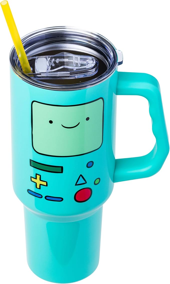 Silver Buffalo Adventure Time Featuring BMO Stainless Steel Tumbler with Handle and Straw, Fits in Standard Cup Holder, 40 Ounces