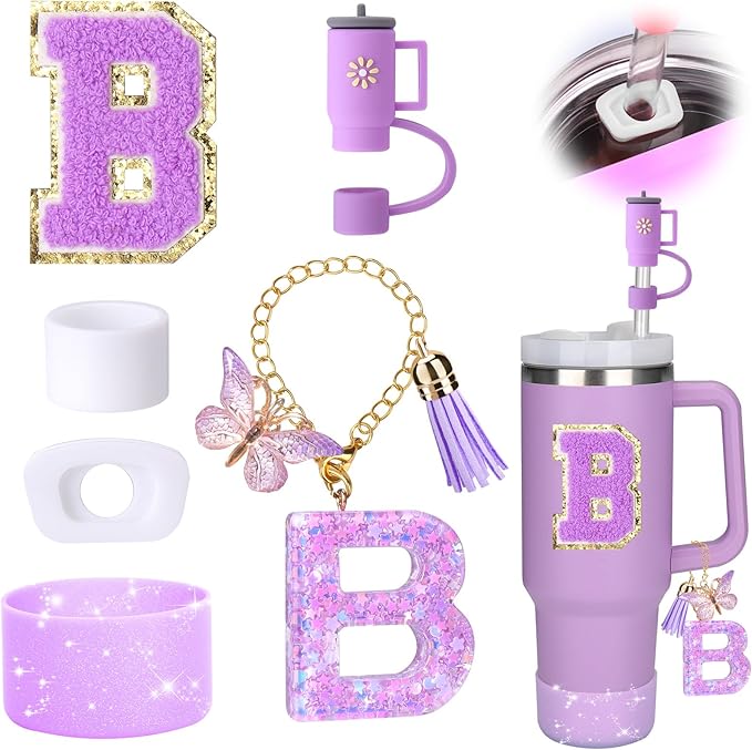 Mity rain 6PCS Cup Accessories Set for Stanley Cup 30oz 40oz tumbler with handle, Including Silicone Straw Topper Cover Cap and Boot, Spill Proof Stopper, Handle Charm, Initials Sticker (Letter B)