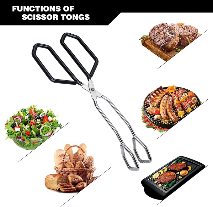 MSY BIGSUNNY Stainless Steel Scissor Tongs Heavy Duty Cooking Tongs with Soft Handles (2, black 11" +11")