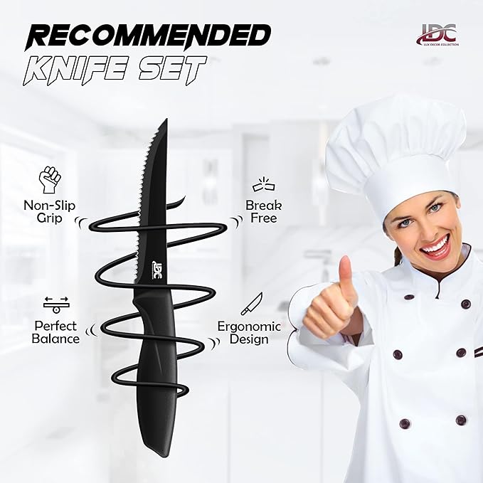 LDC Kitchen Black Knife Set - Stainless Steel, Dishwasher Safe Ergonomic Knives Set with Anti-Slip Handles - Ultra-Sharp Blades - Kitchen Essential Knives - 7 Piece Set