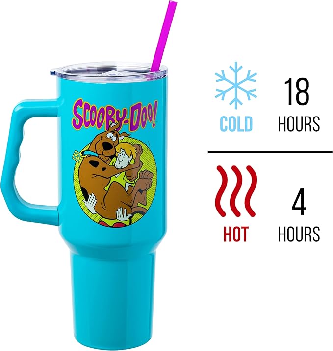 Silver Buffalo Scooby-Doo Featuring Scared Shaggy and Scooby Stainless Steel Tumbler with Handle and Straw, Fits in Standard Cup Holder, 40 Ounces