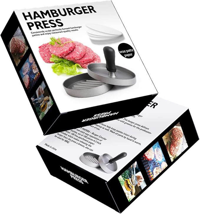 TACGEA Burger Press 150 Patty Papers, Non-Stick Hamburger Patty Maker with Wax Paper, Aluminum Burger Maker for Kitchen BBQ Grill