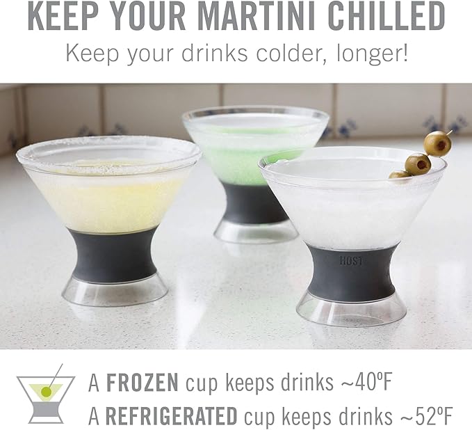Host Freeze Insulated Martini Glasses Set of 4, Plastic Freezer Gel Chiller Double Wall Stemless Coupe and Cocktail Glass, 9 oz, Grey
