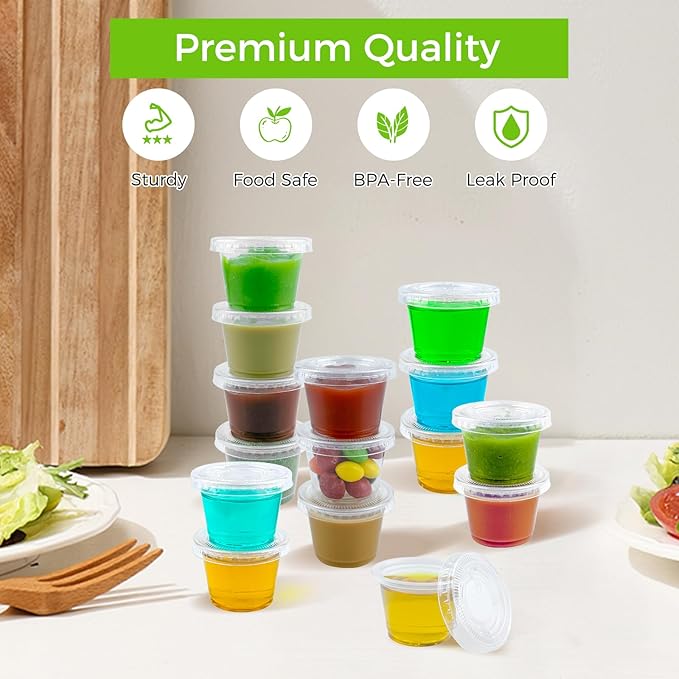 360 Set 1 oz Jello Shot Cups with Lids, Sturdy & Food Safe Disposable Plastic Portion Condiment Dipping Sauce Cups, Small Containers for Salad Dressing