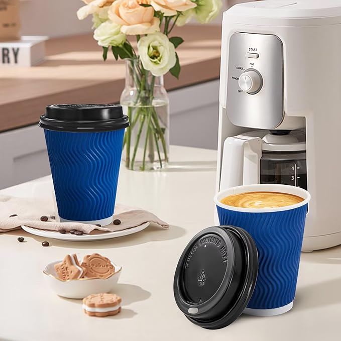 100 Pack Coffee Cups with Lids 12oz, Disposable Insulated Ripple Wall To Go Paper Coffee Cups for Hot/Cold Drinks Office Home Shop Event (Navy)