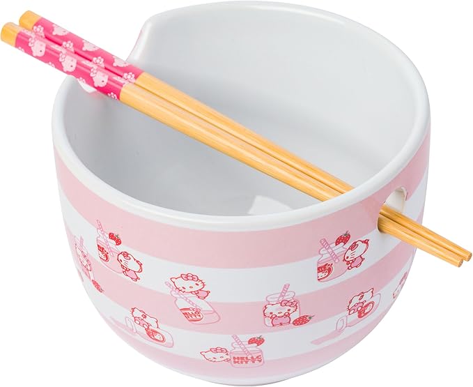 Silver Buffalo Sanrio Hello Kitty Strawberry Milk Pattern Ceramic Ramen Noodle Rice Bowl with Chopsticks, Microwave Safe, 20 Ounces