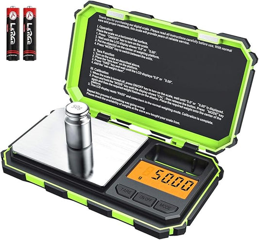AMIR Digital Mini Scale, 200g /0.01g Pocket Scale, 50g Calibration Weight, Electronic Smart Scale, 6 Units, LCD Backlit Display, Tare, Auto Off, Stainless Steel (Battery Included)