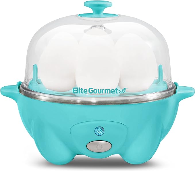 Elite Gourmet EGC-007T# Rapid Egg Cooker, 7 Easy-To-Peel, Hard, Medium, Soft Boiled Eggs, Poacher, Omelet Maker, Auto Shut-Off, Alarm, 16-Recipe Booklet, Teal