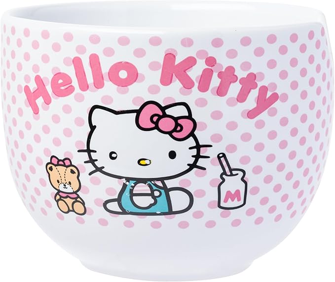 Silver Buffalo Sanrio Hello Kitty Pink Polka Dot Teddy and Strawberry Milk Ceramic Ramen Noodle Rice Bowl with Chopsticks and Spoon, Microwave Safe, 20 Ounces