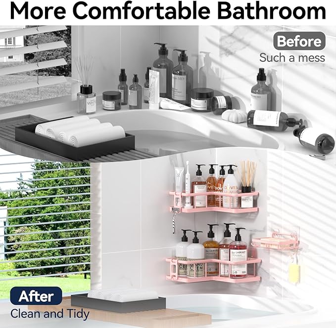 YASONIC Shower Caddy Corner, 3-Pack Adhesive Rustproof Stainless Steel Shower Shelves with Soap Holder, No Drilling Shower Organizer Corner for Dorm, Renters Bathroom, Pink
