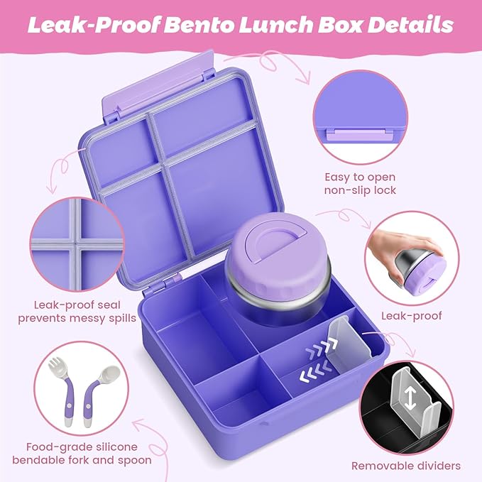 Kids Bento Lunch Box with Thermos, Leakproof Toddler Bento Box with 9 OZ Insulated Food Jar, Lunch Bag & Utensils 3 or 4 Compartment Container for School Girls Boys