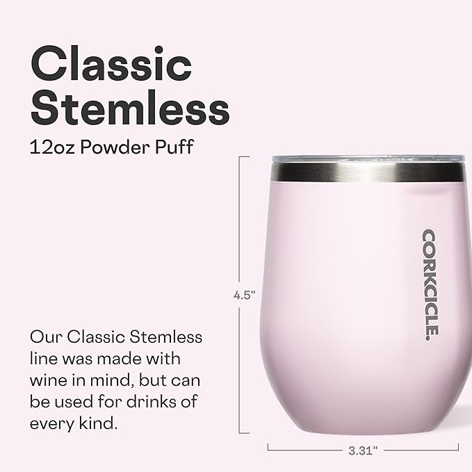 Corkcicle Stemless Wine Tumbler - Keeps Drinks Cold for 6 Hours - Triple-Insulated Stainless Steel - Non-Slip Base - Summer Drinkware Gift - Keeps Drinks Ice Cold - 12 oz - Powder Puff