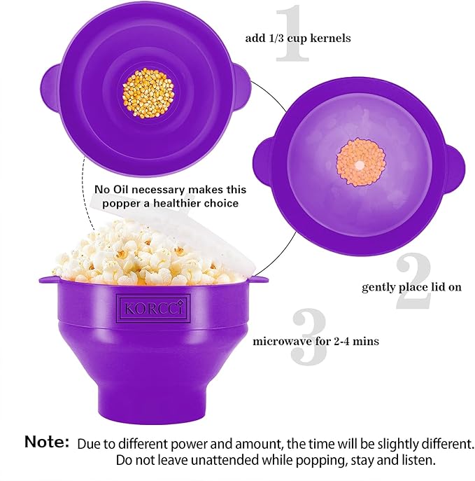 The Original Korcci Microwaveable Silicone Popcorn Popper, Microwave Popcorn Popper, Collapsible Microwave Popcorn Maker Bowl, No Oil Needed, Use In Microwave, Dishwasher Safe (Purple)