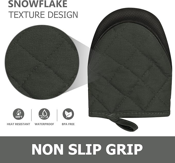 1 Pair Short Oven Mitts, Heat Resistant Silicone Kitchen Mini Oven Mitts for 500 Degrees, Non-Slip Grip Surfaces and Hanging Loop Gloves, Baking Grilling Barbecue Microwave Machine Washable (Gray)