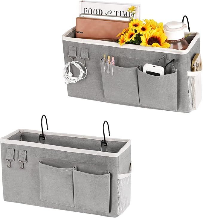 Loghot Bedside Caddy/Bedside Storage Bag Hanging Organizer for Bunk and Hospital Beds,Dorm Rooms Bed Rails,Can be Placed Glasses,Books,Mobile Phones,Keys (2pc Grey)