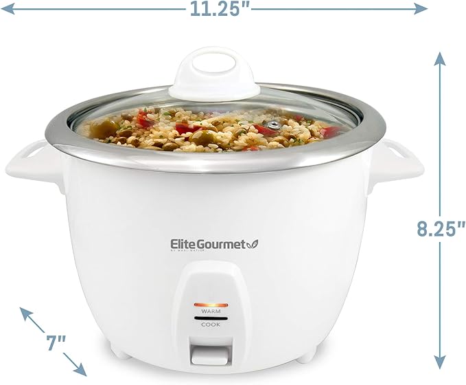 Elite Gourmet ERC-2010 Electric Rice Cooker with Stainless Steel Inner Pot Makes Soups, Stews, Grains, Cereals, Keep Warm Feature, 10 Cooked (5 Cups Uncooked), White