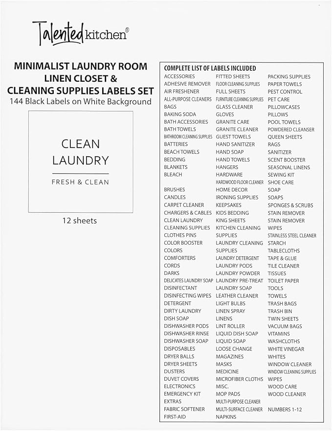 Talented Kitchen 144 Minimalist Laundry Room Labels - 2.5" x 2.5", Black on White Matte Vinyl - Organize Glass Jars & Spray Bottles, Water-Resistant Labels for Laundry Room Organization