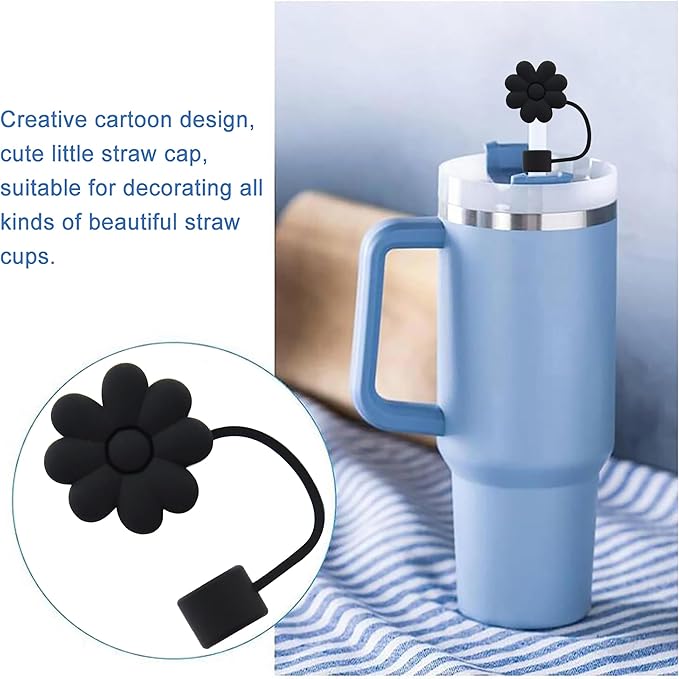 Flower Silicone Straw Cover Cap for Stanley Cup,Straw Topper 10mm 0.4in Dust-Proof Reusable Straw Tips Lids,Straw Tip Covers Gift for Party Decor (Black Cherry blossom 4pcs)