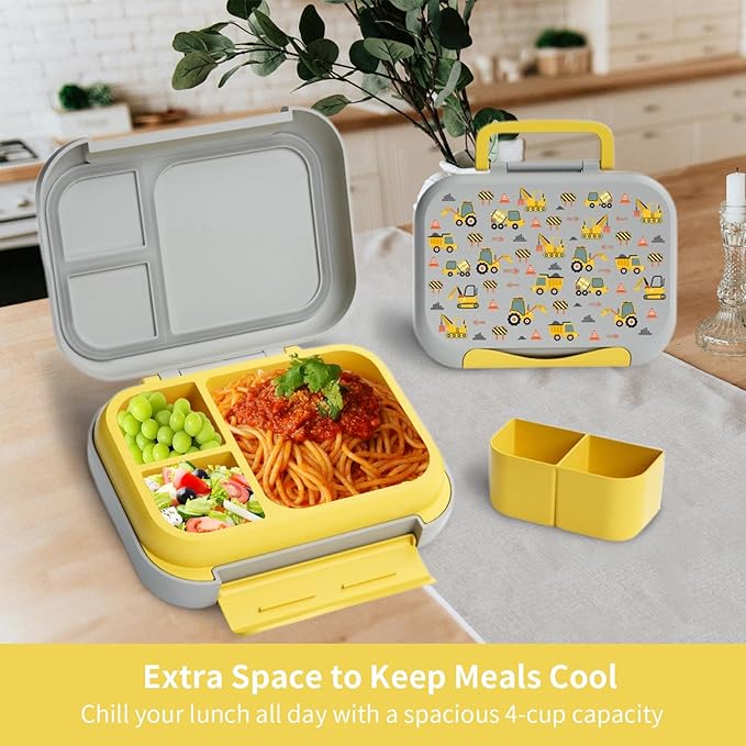 Prints Leak-Proof XL Lunch Box - Reusable 3-Compartment Containers Bento Box for meal Prepping;5-Cup Capacity for Adults & Ages 8+, BPA-Free, Dishwasher Safe (Yellow - Trucks)