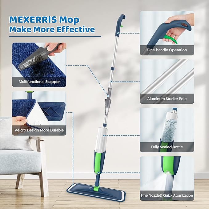 Spray Wet Mops for Hardwood Floor Cleaning: MEXERRIS Flat Mop with Sprayer 5 Washable Mopping Pads - Floor Mop Dust Dry Mops with 2 Bottles Home Commercial Use for Laminate Vinyl Tiles Wood