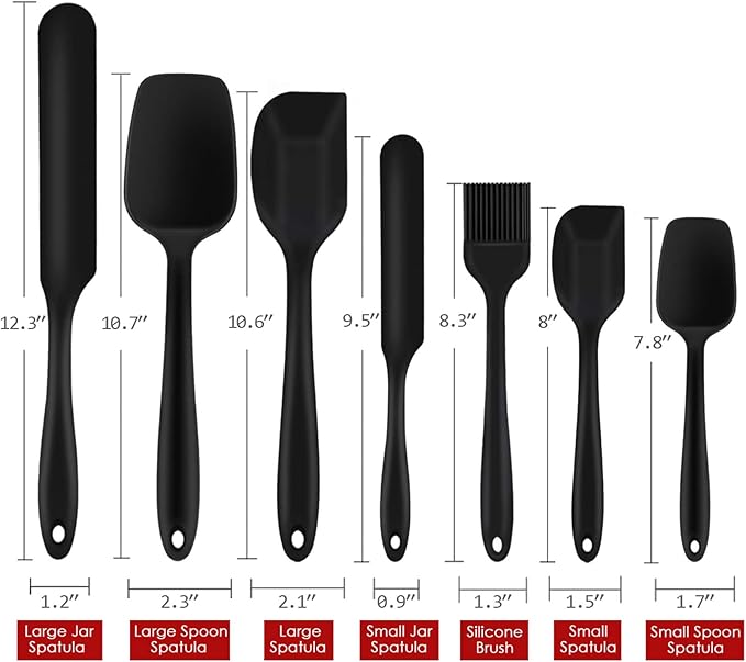 Silicone Spatula Set of 7, P&P CHEF Heat-Resistant Rubber Spatulas Kitchen Utensils Set for Non-stick Cooking Baking Mixing, Seamless & Flexible Design, Dishwasher Safe, Black