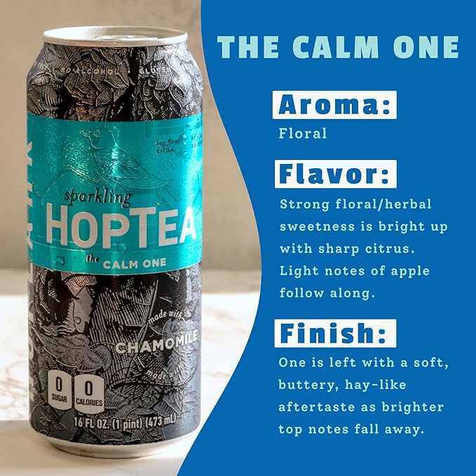 HOPLARK Sparkling HopTea – Chamomile and Citra Hops – Herbal Sparkling Tea with Floral Citrus and Cinnamon Notes – Zero Calorie – Caffeine-Free – 12 Pack 16oz Cans - The Calm One.