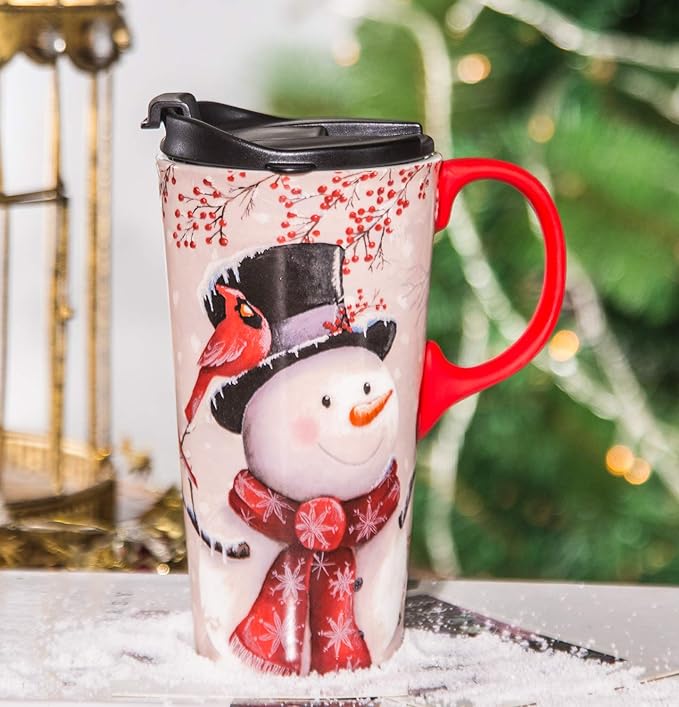 Topadorn Christmas Ceramic Travel Mug Porcelain Coffee Cup with Spill-proof Lid and Gift Box for Holiday,Snowman&Cardinal