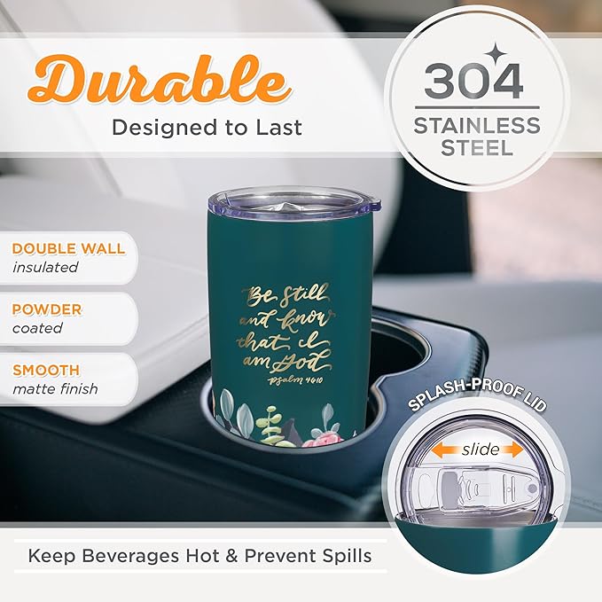Christian Art Gifts Large Stainless Steel Inspirational Travel Mug Tumbler for Women: Be Still & Know Encouraging Scripture, Vacuum Insulated, Hot/Cold, Retractable Lid, Teal Multicolor Foral, 18 oz.